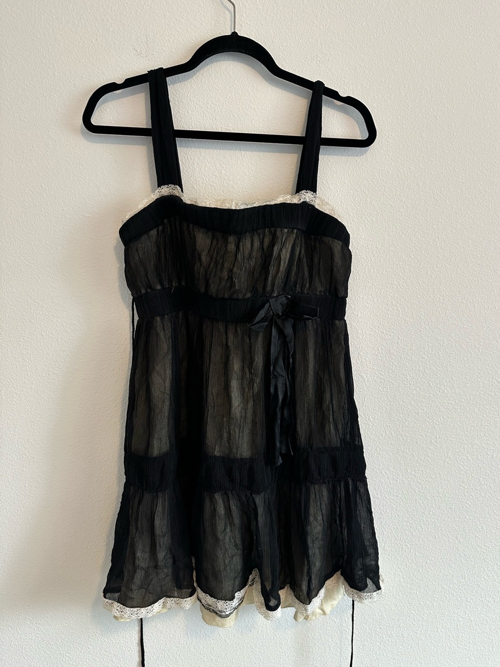 Anna Paul Vintage Y2K Black Chiffon Lace Trim Babydoll Dress 100% Silk Size M